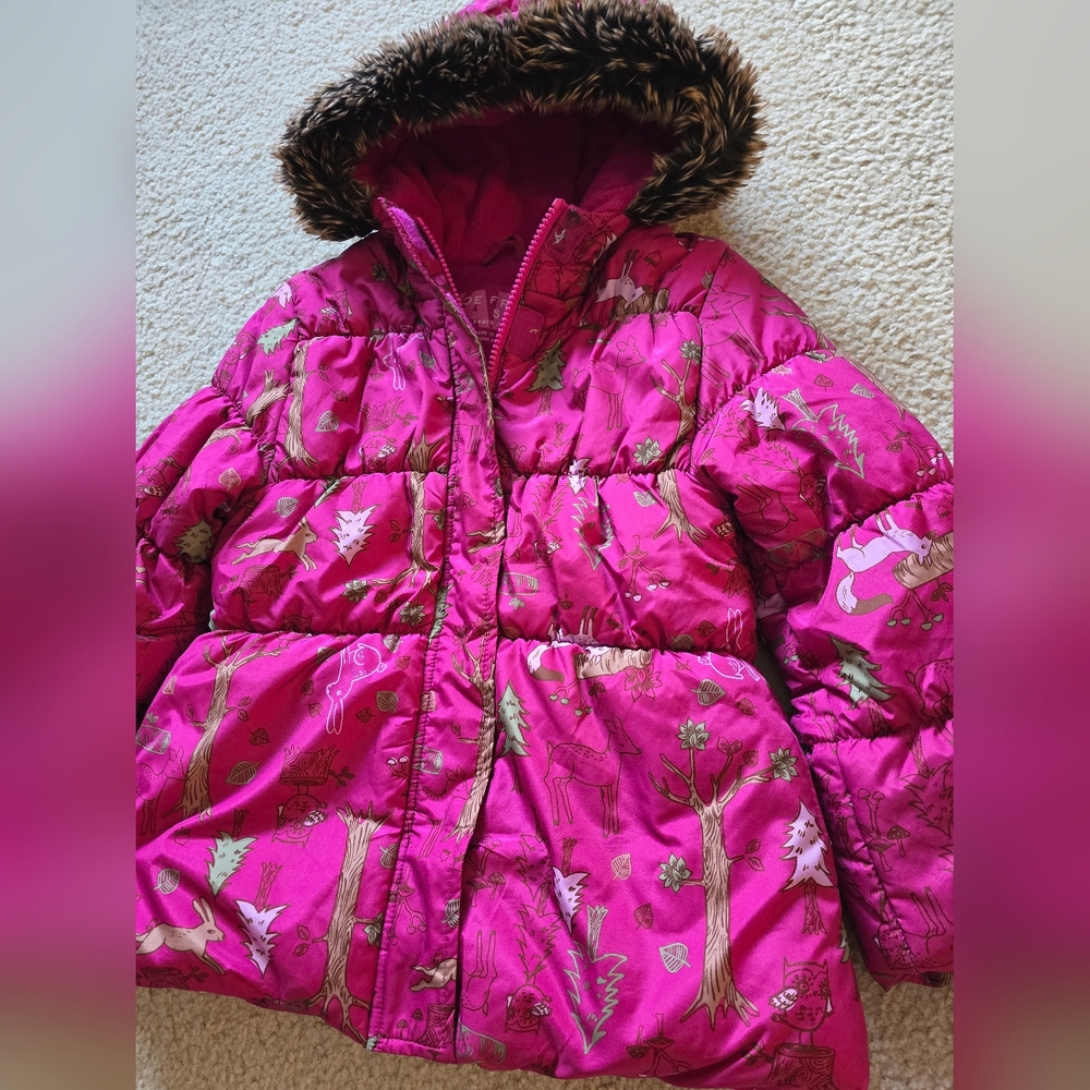Joe Fresh Pink Floral Forest Print Puffer Jacket with Faux Fur Hood - Picture 2 of 8